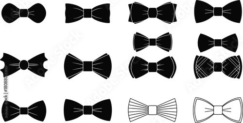 Collection of elegant black bow tie silhouettes and outlines, vintage gentleman fashion accessory icons, isolated vector illustration set on white background