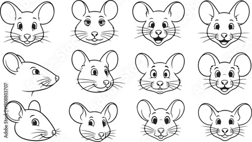 set of black and white face of mouse vector