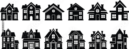 Collection of simple house silhouettes, black residential building icons, real estate property symbols, vector illustration set isolated on white background for design