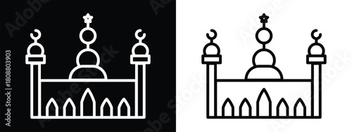 Minimalist Line Art Mosque  Icon - Simple Vector Logo of an Islamic Prayer Place on Dark and Light Background.