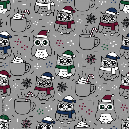 Christmas Owl Pattern Vector. Seamless Animal Pattern Background with Owl, Hot Chocolate Mug and Star Anise. for packaging, print paper, and fabric