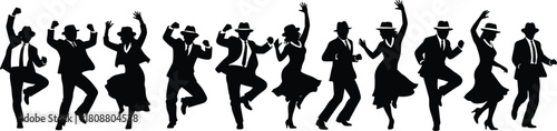 Collection of vintage dancing people silhouettes, energetic men and women in suits and dresses, retro swing party vector illustration isolated on white background