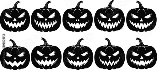 Scary Halloween pumpkin silhouettes, evil Jack-o'-lantern faces set, black and white vector illustrations, spooky holiday icons, isolated on white background, graphic design elements