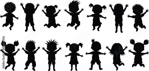 Set of active cartoon kids silhouettes, black happy children jumping and dancing with hands up, vector illustration isolated on white background