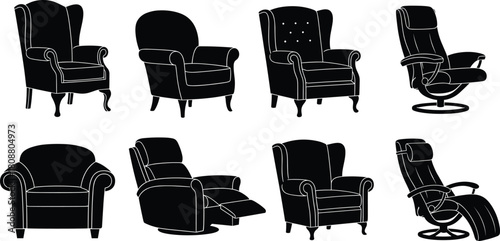 Set of armchair silhouettes, vector furniture icons including wingback and recliners, black living room seating illustration, comfortable chair design elements collection, isolated