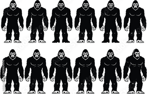 Set of bigfoot silhouettes, standing gorilla vector illustration, wild animal collection, sasquatch character design, black ape icons for mascot logo, isolated white
