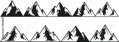 Set of black and white mountain silhouettes, snowy peaks vector illustration, outdoor nature landscape icons for hiking, camping, and adventure logo design