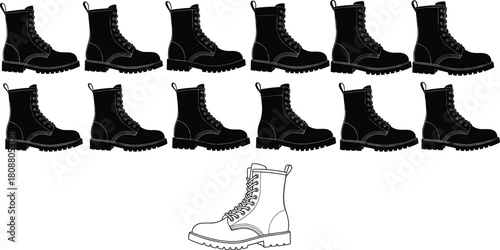 Set of black combat boot silhouettes and linear outline, military army footwear vector illustration collection, rugged leather shoes isolated on white background