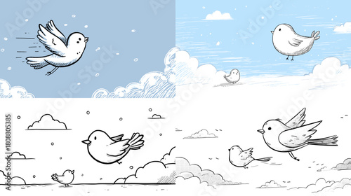 Sweet bird illustrations flying through soft skies with clouds and gentle details. Ideal for children themes, nature art, nursery prints, and peaceful storytelling designs.