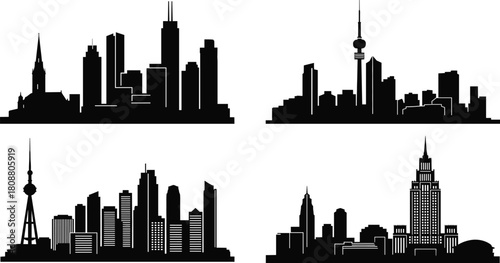 Set of city skyline silhouettes, urban landscape vector illustration, modern skyscraper collection, black town panorama icons for real estate design, isolated white