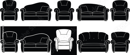 Set of comfortable sofa and armchair silhouettes, living room furniture icons, black couch and seat vector illustration isolated on white background