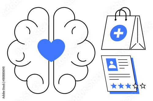 Blue heart inside brain, medical shopping bag, and profile with a star rating. Ideal for healthcare, medical commerce, user reviews, wellness, mental health decision-making empathy. Simple flat