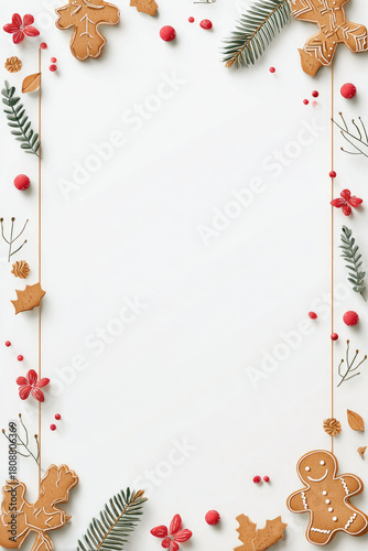 Minimalist Christmas frame with gingerbread, red berries, and greenery on a white paper background with copy space
