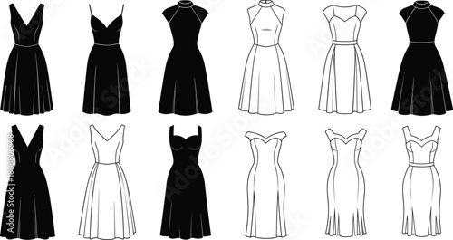 Set of elegant women's dress silhouettes and linear outlines, fashion vector collection of evening gowns and cocktail wear, isolated on white background