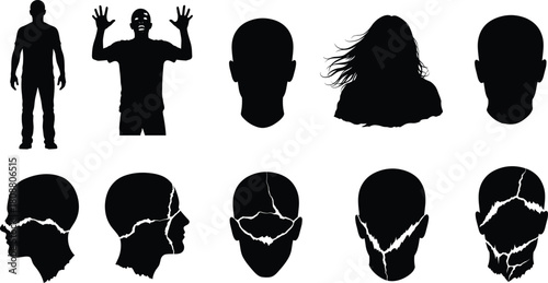 Set of human silhouettes, standing man, scared figure, and cracked head profiles symbolizing mental health problems, headache and psychological stress, black isolated illustration