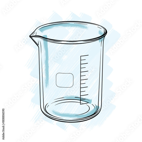 Hand drawn laboratory glass beaker illustration. Sketch style chemistry equipment with blue watercolor brush texture isolated on white background.
