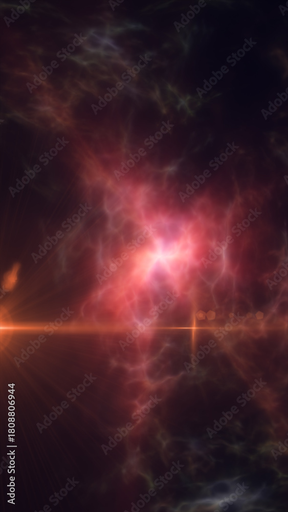 Fototapeta premium Abstract glowing red nebula with soft light beams and plasma clouds creating a cosmic scene