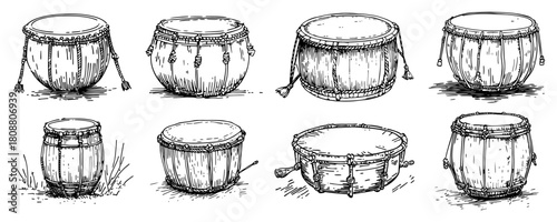 Set of tribal drums hand drawn vintage percussion instrument vector illustration