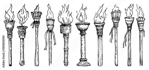 Set of burning torches with flames hand drawn medieval firelight vector illustration