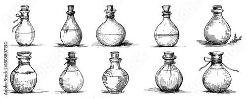 Vintage Glass Potion Bottles Set Hand Drawn Alchemy Vector Illustration