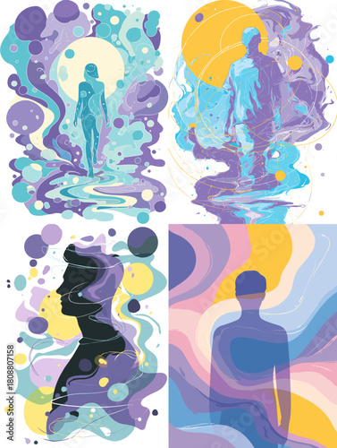Vibrant abstract illustrations featuring human silhouettes surrounded by flowing shapes, colorful waves, and dreamy surreal elements. Ideal for modern art, mindfulness themes, and creative design proj