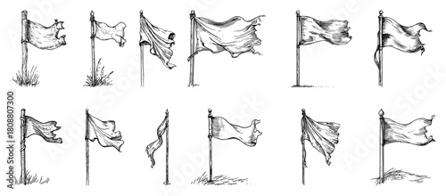 Set of waving medieval flags and banners on wooden poles with tattered edges vector sketch illustration collection