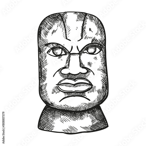 vector black olmec stone head, hand drawn ink ancient sculpture, monochrome Aztec colossal head illustration, old Mayan civilization totem in tropical forest sketch, archeological discovery