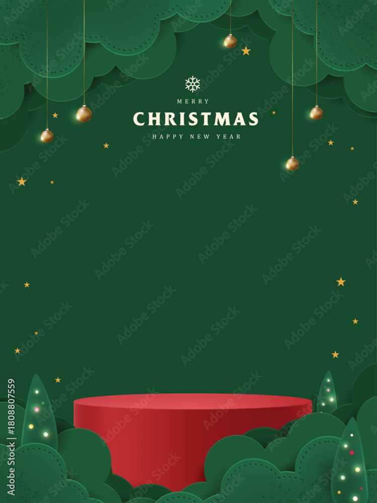 Obraz premium Christmas greeting poster template with paper art forest, hanging ornaments, stars, and product display podium for holiday promotion, celebration banner, and festive background.