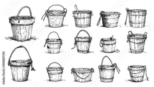 Set of vintage hand drawn wooden buckets and rustic pails with rope handles in engraving sketch style