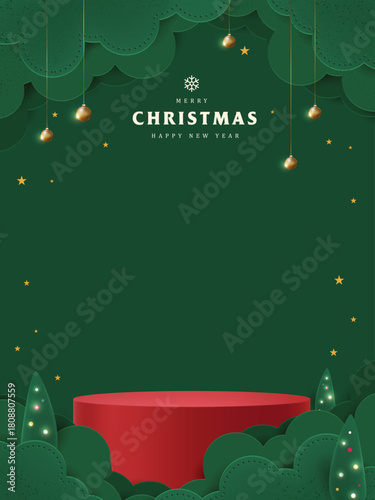 Christmas greeting poster template with paper art forest, hanging ornaments, stars, and product display podium for holiday promotion, celebration banner, and festive background.