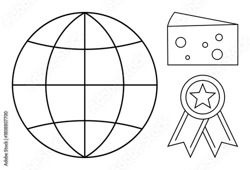 Globe symbolizes global connections, cheese represents food export, award ribbon signifies quality. Ideal for trade, export, economy, food industry, international business, certification
