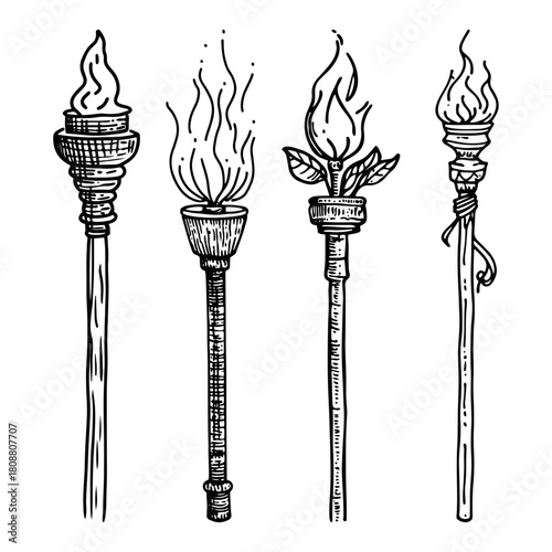Vintage burning torch collection set with flames hand drawn sketch style vector illustration