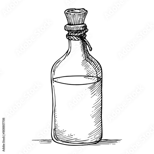 Vintage hand drawn glass bottle sketch with cork stopper and rope detail containing liquid