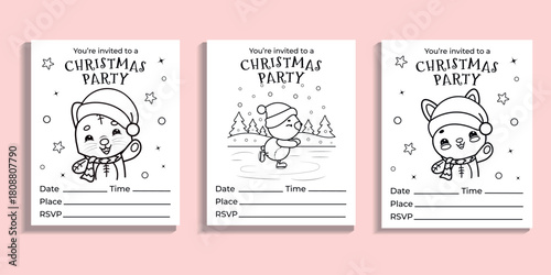 Set of Christmas invitation cards with cute kawaii animals, vector coloring pages for kids
