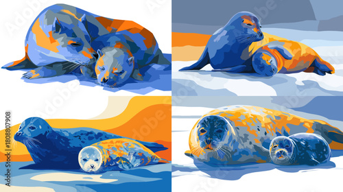 Vibrant seal family illustrations in bold color block style, showing parent and pup resting on icy landscapes. Perfect for wildlife art, arctic themes, children stories, and modern colorful designs.