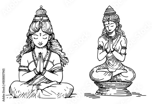 Hindu deity meditation pose yoga prayer hand drawn spiritual vector illustration