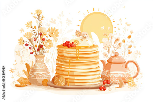 Cozy pastel illustartion of tall pancakes with honey and berries, sun, flowers, and traditional Slavic tableware.