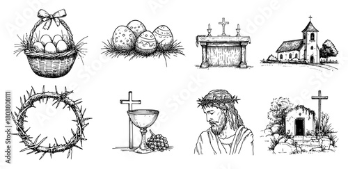 Christian Easter symbols collection hand drawn religious sketch vector illustration