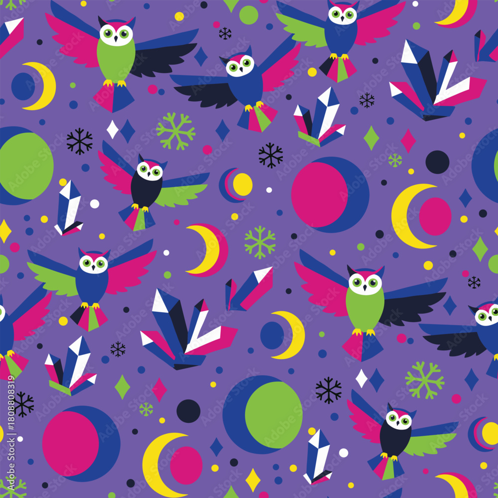 Fototapeta premium Christmas Owl Pattern Vector. Seamless Winter Pattern Background with Owls, Moon, and Ice.