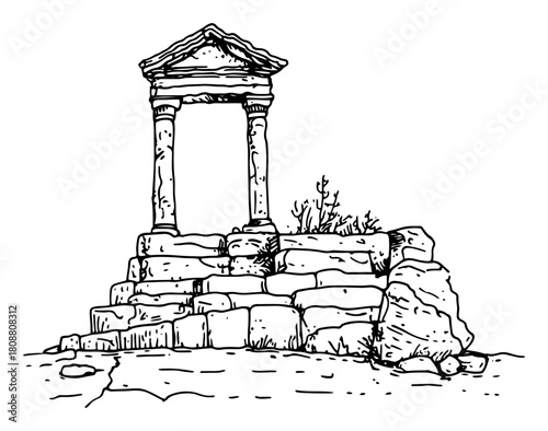 Ancient stone ruins with archway and crumbling steps historical architecture vector sketch illustration of archaeological site