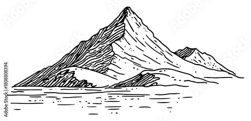 Hand drawn nature landscape sketch of a mountain peak or Mount Kailash near water in engraving style