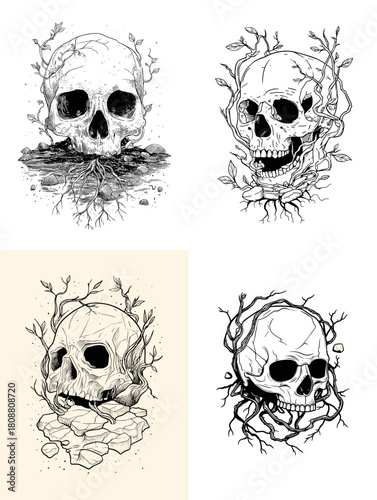 Detailed skull illustrations surrounded by branches, roots, and natural elements, creating a dark organic theme. Perfect for tattoo designs, gothic artwork, fantasy concepts, and symbolic nature graph