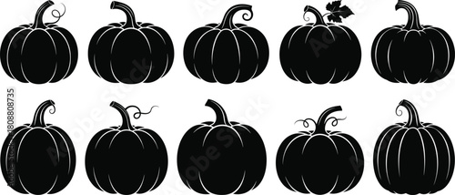 Set of pumpkin silhouettes, black halloween vegetable icons, autumn harvest vector illustration, thanksgiving food collection, fall season design elements, isolated on white background