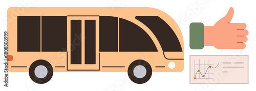 Urban bus illustrated with approval hand sign and performance graph suggesting positive review. Ideal for public transport, service quality, urban mobility, user satisfaction, transportation