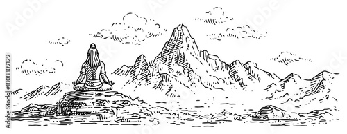 Meditating deity in mountain landscape hand drawn spiritual hindu vector illustration