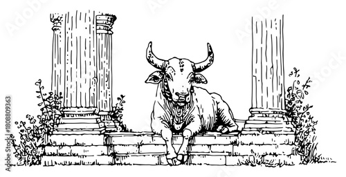 Sacred bull resting between ancient stone pillars in ruins hand drawn vector sketch illustration