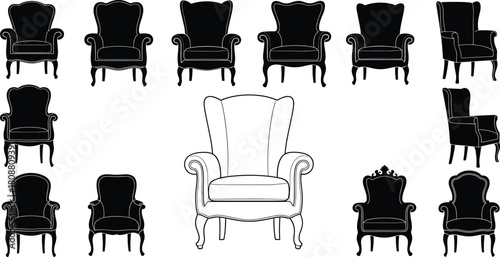 Set of vintage armchair silhouettes and outline, classic wingback furniture icons, elegant home interior vector illustration isolated on white background