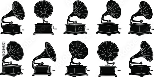 Set of vintage gramophone silhouettes, antique phonograph record players with large horns, black vector illustrations isolated on white background for design