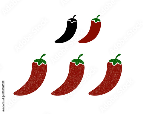 辛さレベル表示に！手描き風唐辛子（チリ）アイコンセット スタンプ風・粗いテクスチャの辛い食べ物マーク メニュー　レシピ