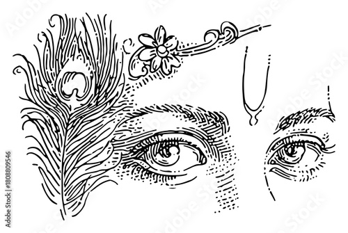 Hand drawn close up portrait of Lord Krishna eyes with peacock feather and forehead tilak mark